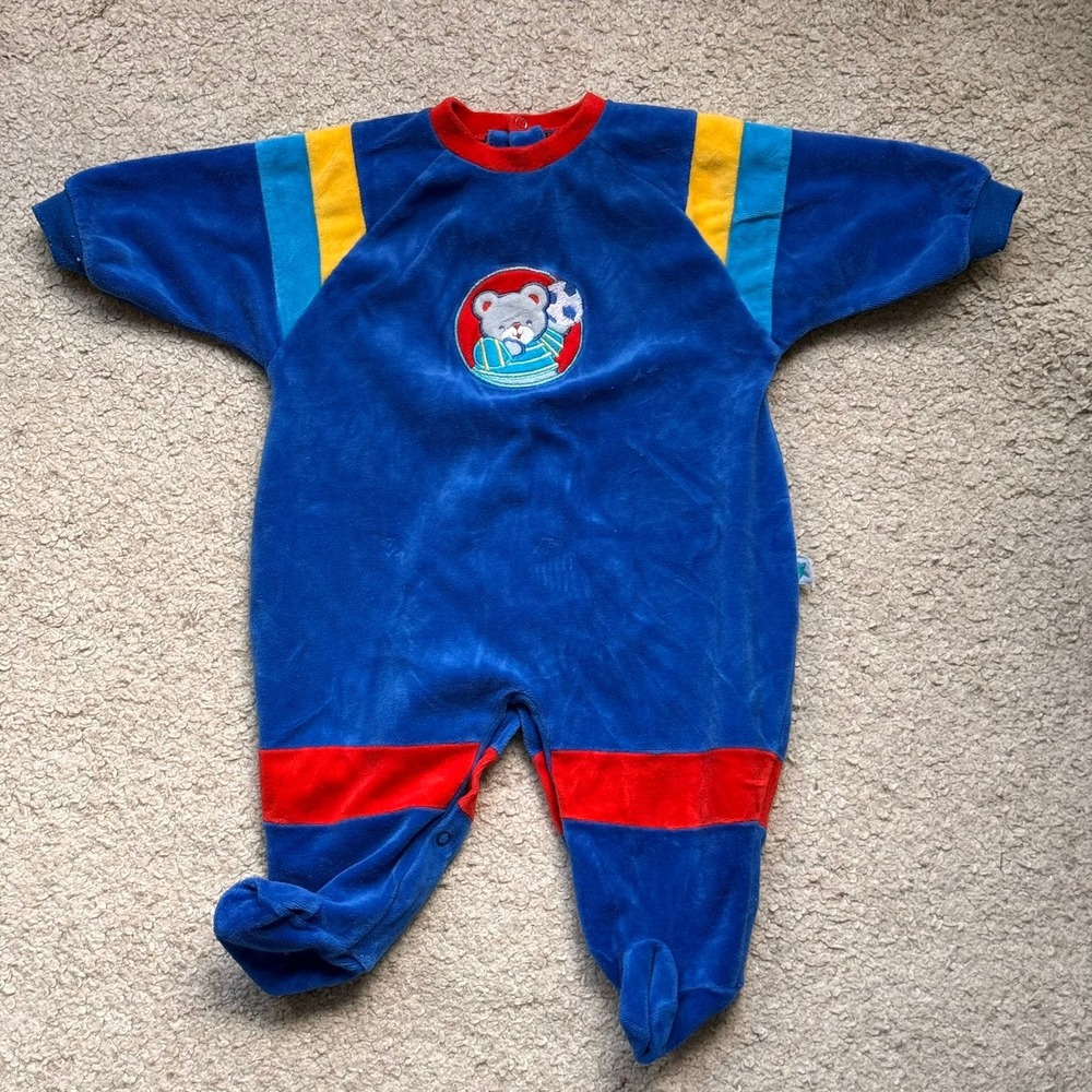 Little Me Vintage Blue Velour Teddy Bear Soccer Footed Sleeper Baby Boy